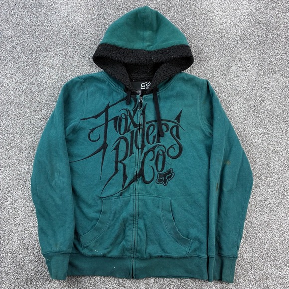 Vintage Y2K Fox Racing Hoodie Mens L Green Fleece Lined Full Zip Embroidered - Picture 1 of 6